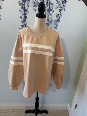 Women’s Crewneck Sweatshirt - Tan with White Stripes